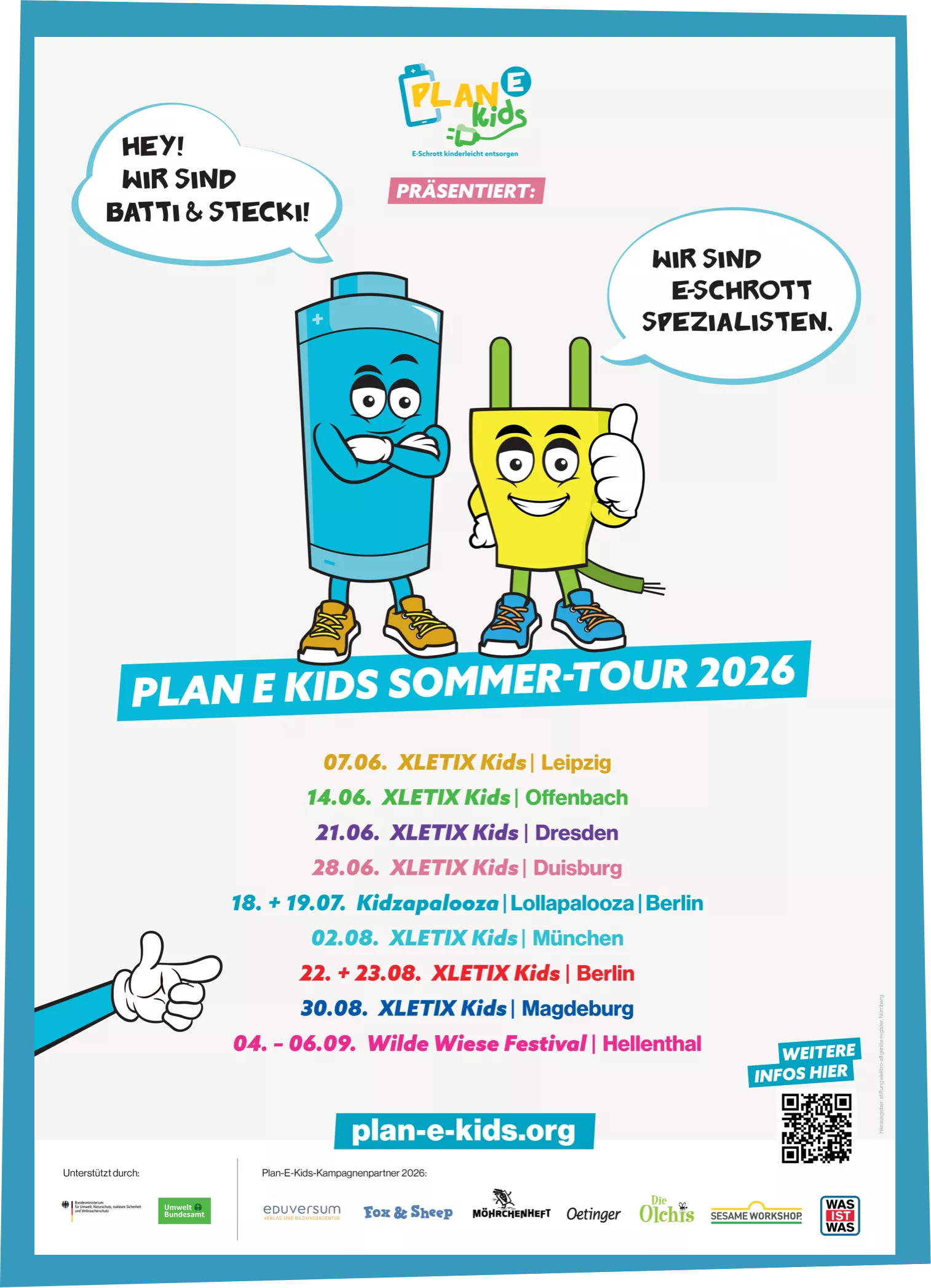 Plakatvorschau von der Plan E Kids Sommer-Tour 2026, präsentiert von Batti und Stecki.